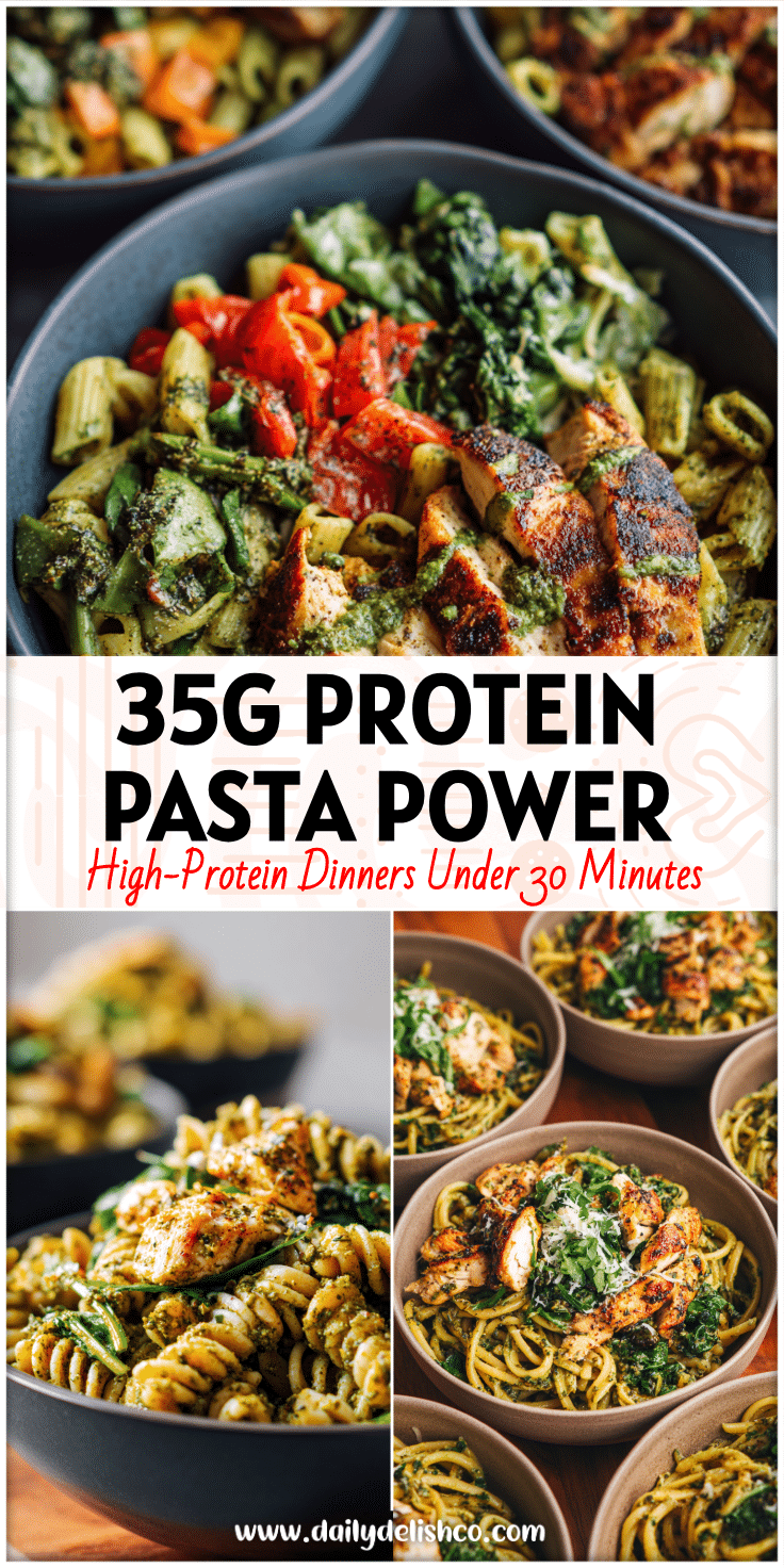 Bowls of Winter Pesto Chicken Pasta topped with garlic chicken and greens for a healthy high protein meal prep dish.